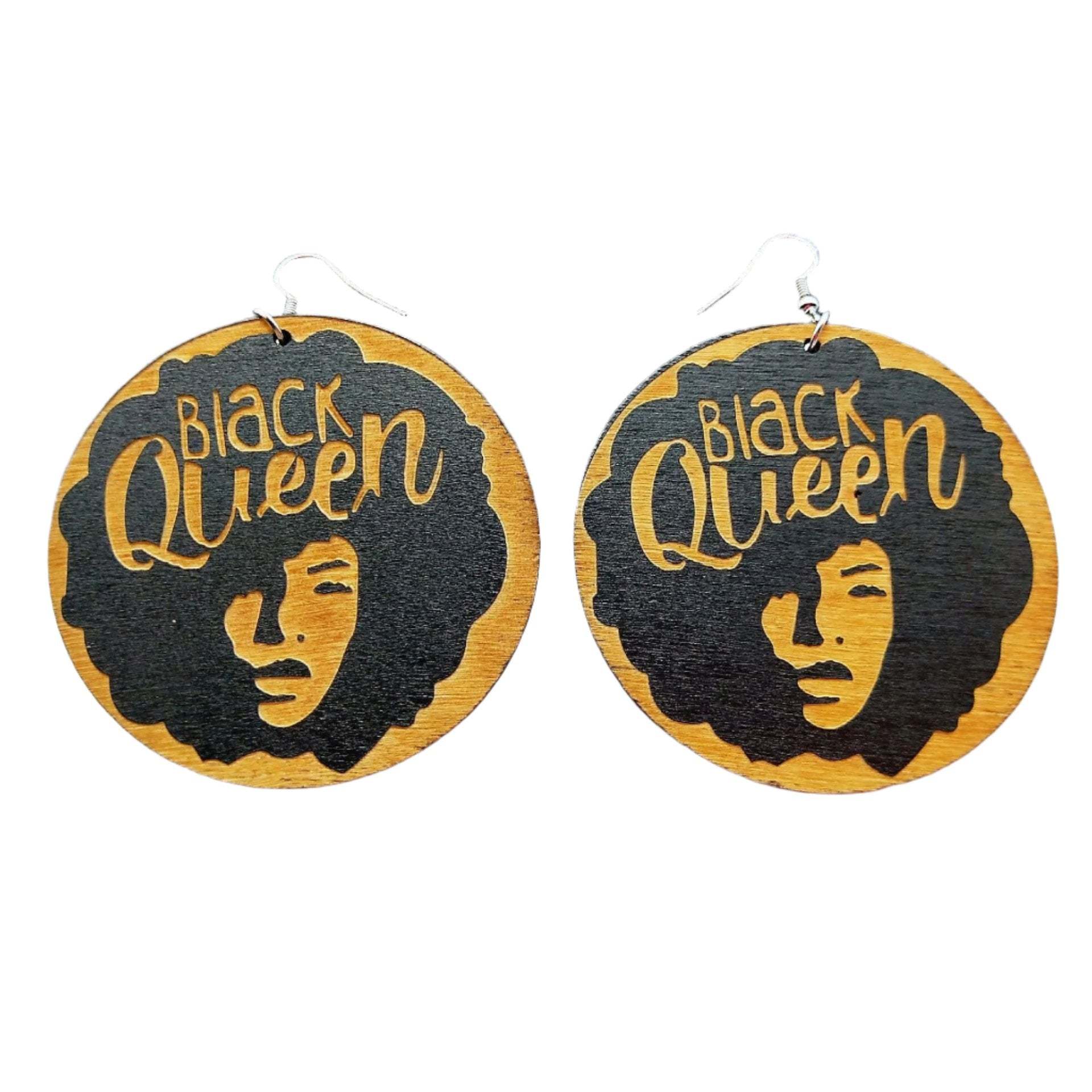 Black Queen & Black Girl Fly Black and Gold Accent Wooden Earrings-Afroadorn 