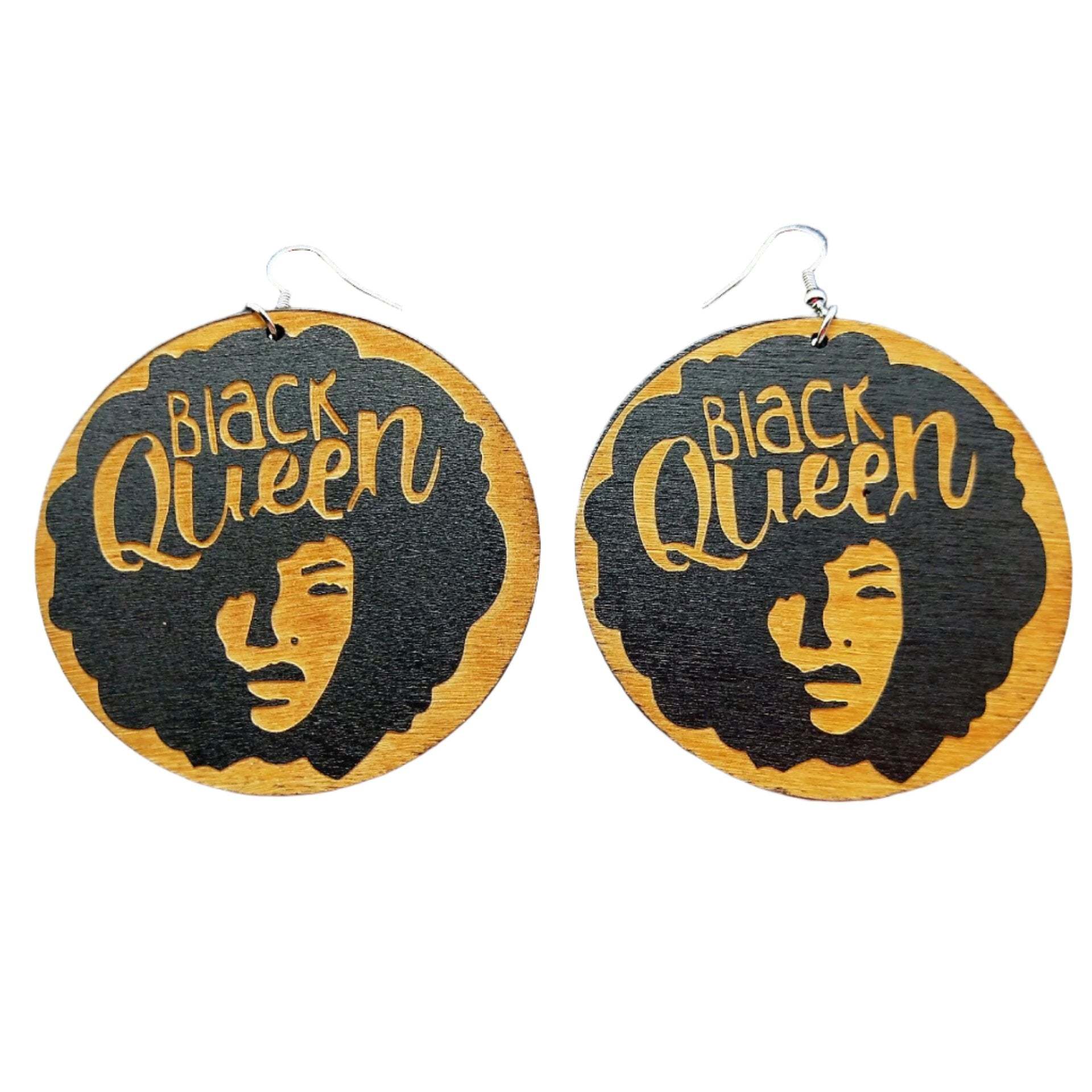 Black Queen & Black Girl Fly Black and Gold Accent Wooden Earrings-Afroadorn 