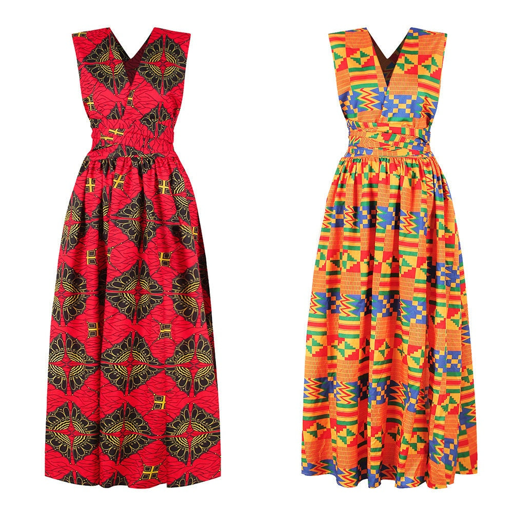 Vibrant Unity: African-inspired Kente Geometric Dress-Afroadorn 